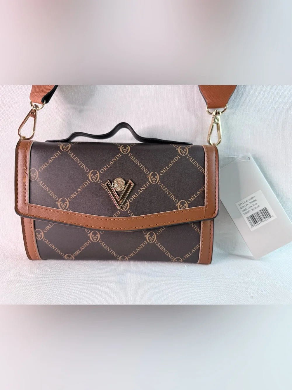 Valentino Orlandi Brown and Tan Logo Crossbody with Branded Strap